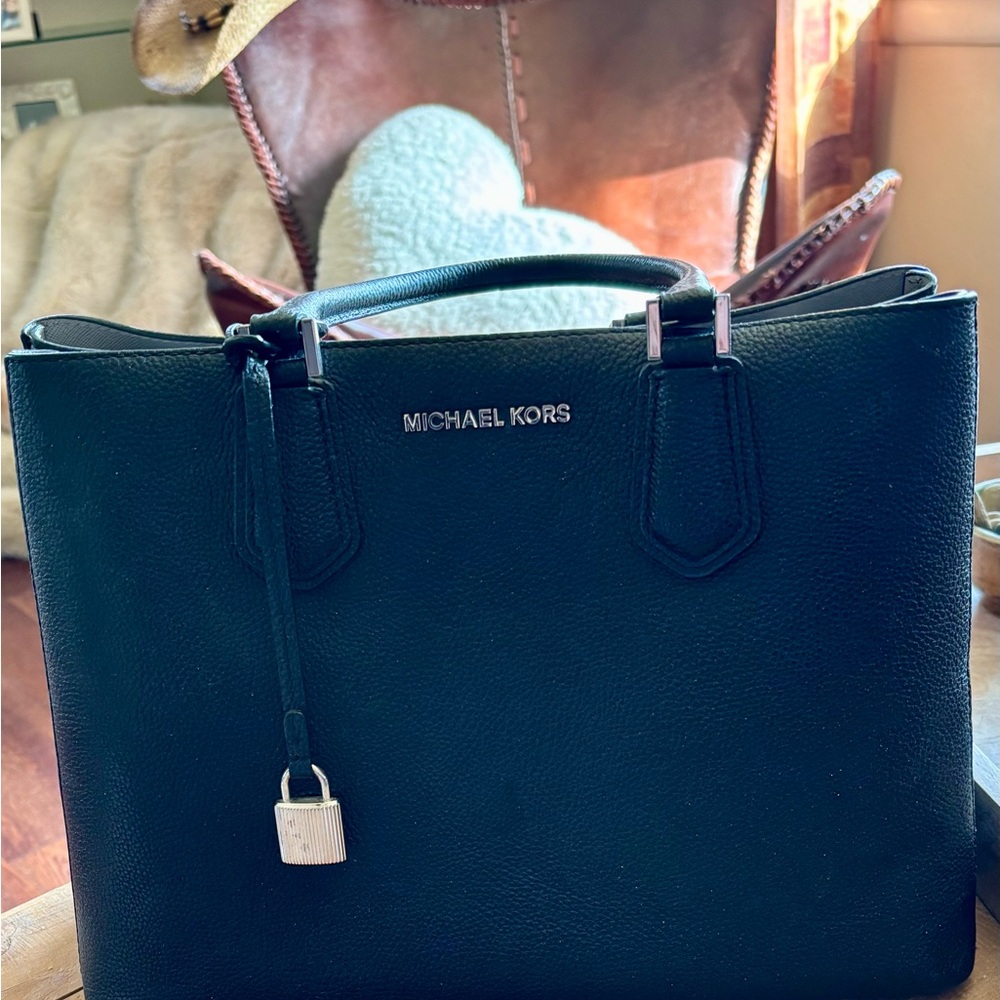 Michael Kors Black Pebbled Leather Satchel with Padlock Charm